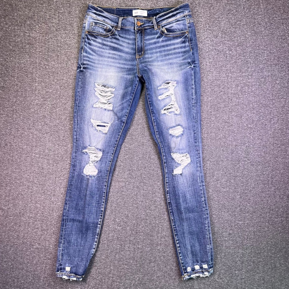BKE Women's Skinny Ripped Jeans - Blue
